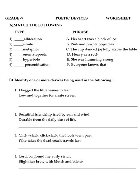 Grade 7 Poetic Devices Worksheet A Match The Following Type