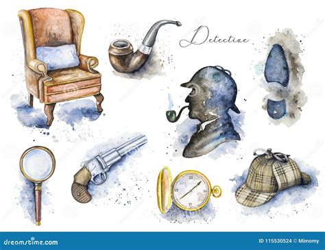 Watercolor Set Pattern With Sherlock Holmes Objects Stock Illustration