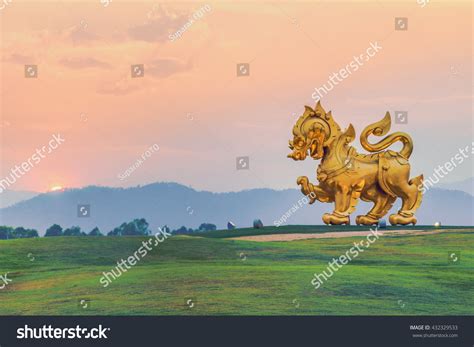 Gold Singha Statue On Sunset Background Stock Photo 432329533