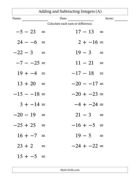 Adding And Subtracting Mixed Integers From To Questions