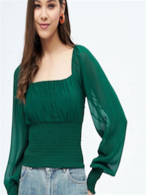 Buy Harpa Women Green Smocked Georgette Cinched Waist Crop Top Tops