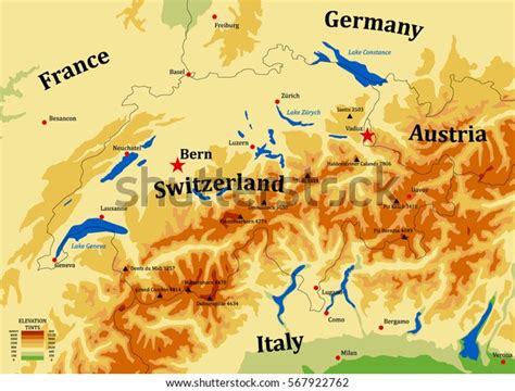 Switzerland Physical Vector Map Cities Mounts Stock Vector (Royalty ...