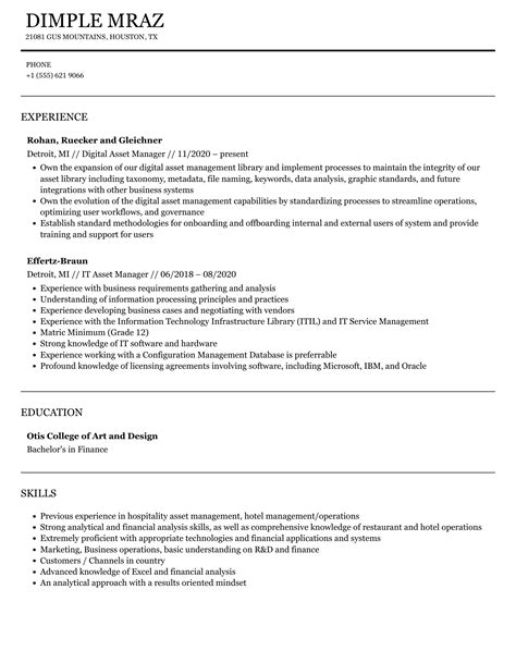 Asset Manager Resume Samples Velvet Jobs