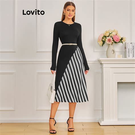 Lovito Women Elegant Striped Fabric Stitching Dress Lbl11174 Shopee