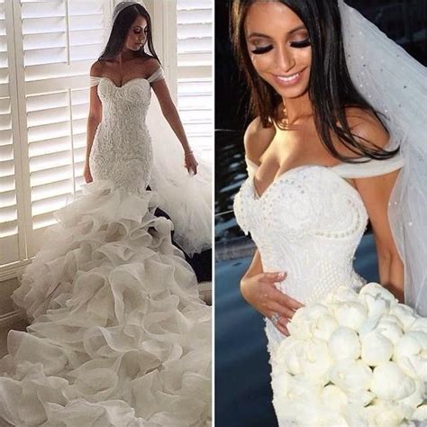 Sexy Mermaid Wedding Dresses Off The Shoulder Tiered Skirts Open Back