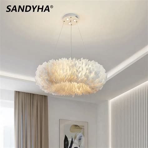 SANDYHA Nordic luksusowy żyrandol LED gęsie pióro lampa wisząca salon