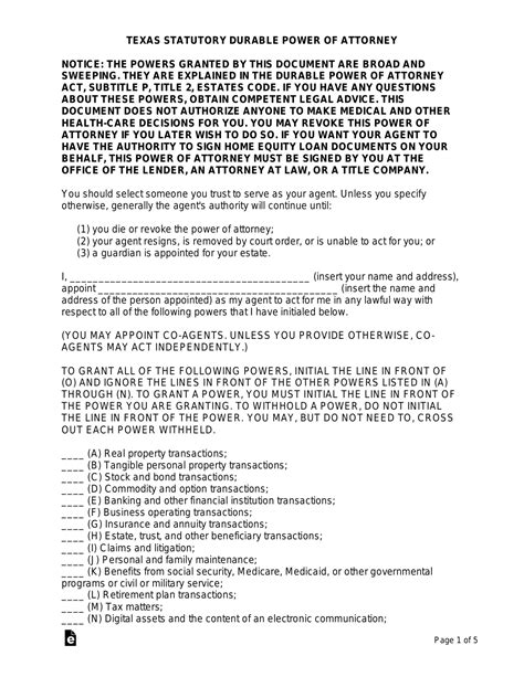 Free Texas Durable Statutory Power Of Attorney Form PDF Word EForms