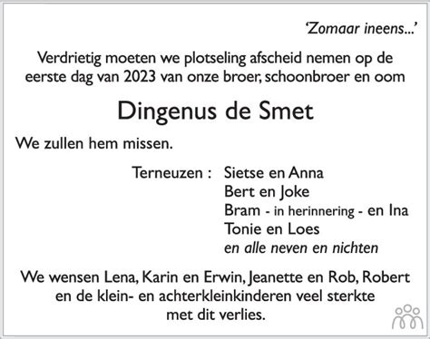 Dingenus De Smet 01 01 2023 Overlijdensbericht En Condoleances