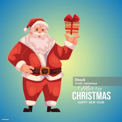 Greeting Card With Cartoon Santa Claus Holding A T Box Stock