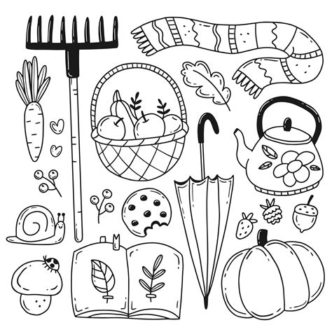 Set of autumn elements in simple doodle style. Black and white vector ...