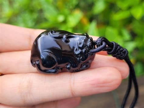 Pendentif Pixiu Mythique Chinoise Porte Bonheur En Jade Noir Naturel