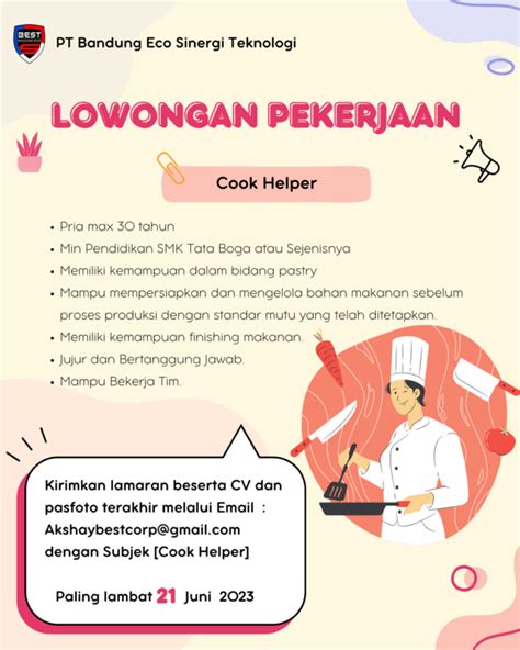 Lowongan Kerja Cook Helper Di PT Bandung Eco Sinergi Teknologi