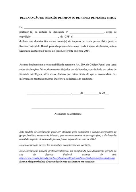 DeclaraÇÃo De IsenÇÃo De Imposto De Renda De