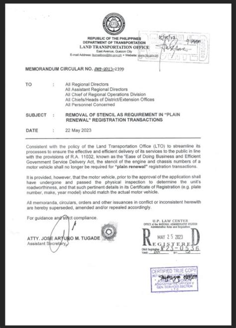 Official Lto Memo Engine Chassis Number Stencil For Plain Renewal