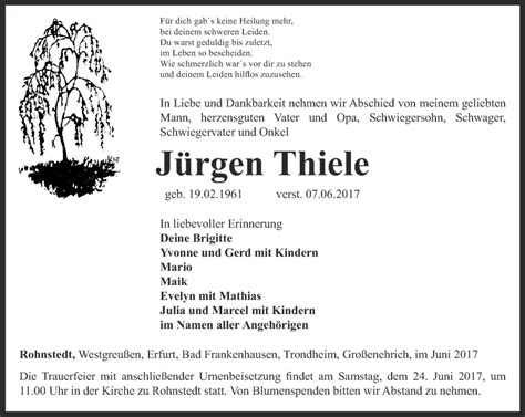 Traueranzeigen Von J Rgen Thiele Trauer In Thueringen De