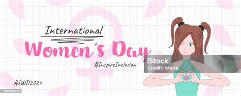 Banner Template For International Womens Day 2024 With Anime Style Girl Showing Heart Sign