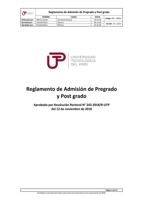 PDF Reglamento de Admisión de Pregrado y Post grado Versión