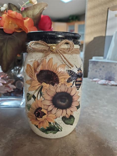 Bee Sunflower Utensil Holder Sunflowers Snack Jar Canister Glass