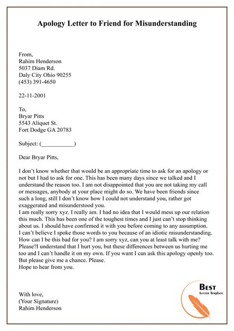 Apology Letter Template To A Friend Sample And Example Apology Letter