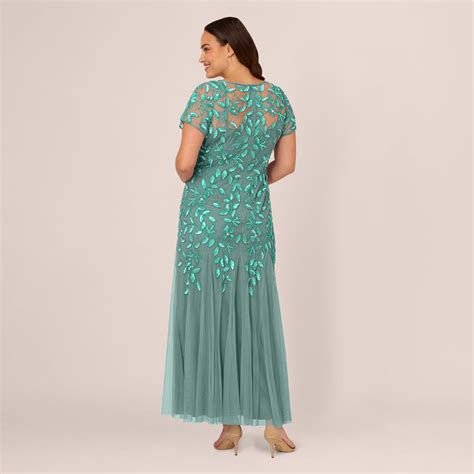 Plus Size Hand Beaded Short Sleeve Floral Godet Gown In Green Slate