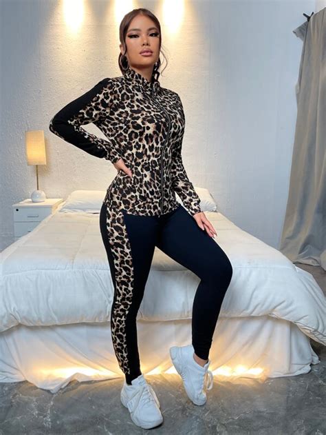 Shein Lune Panel De Leopardo Con Cremallera Sudadera Pantalones