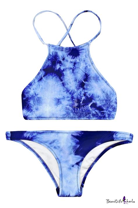 Blue Print Denim Halter Top Bikini Set