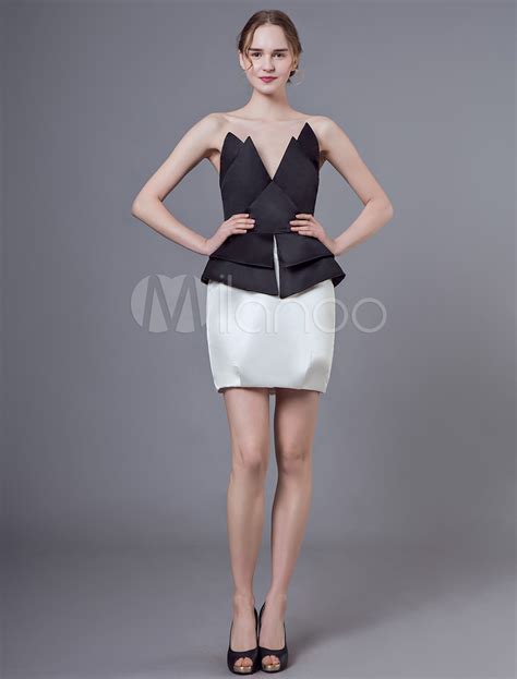 Cocktail Party Dresses Black Peplum Strapless Satin Short Mini Wedding Guest Dress