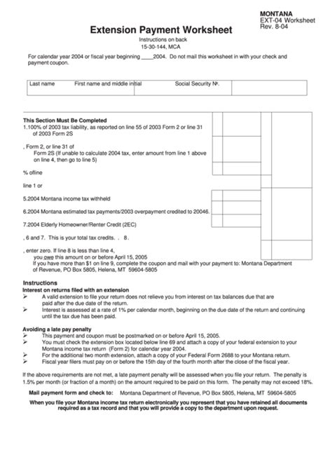 Fillable Montana Form Ext 04 Extension Payment Worksheet 2004