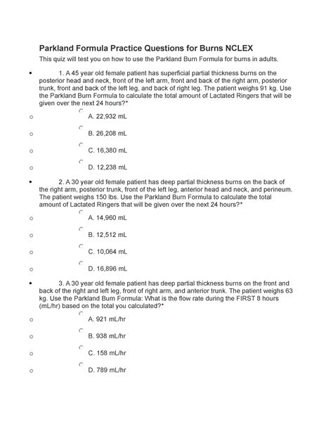 Parkland Formula Practice Questions For Burns Nclex 1 Parkland | Hot ...