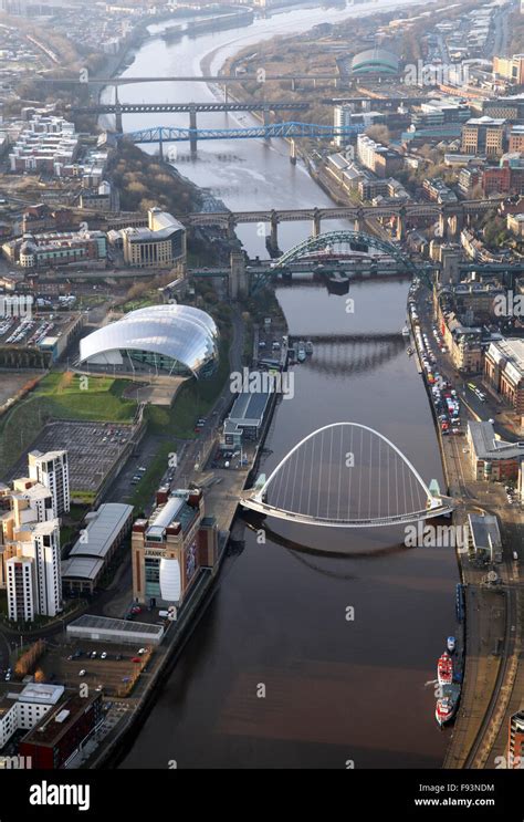 aerial view of the five Tyne bridges across the River Tyne and the Sage ...