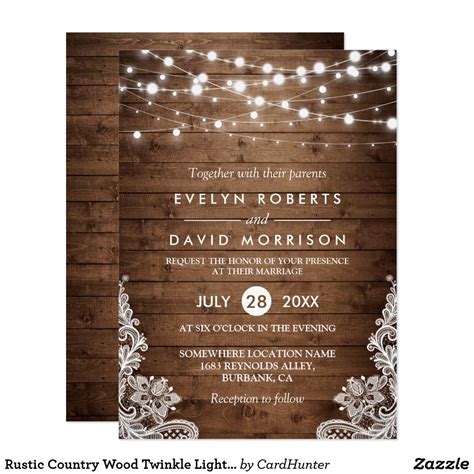 Rustic Country Wood Twinkle Lights Lace Wedding Invitation Card