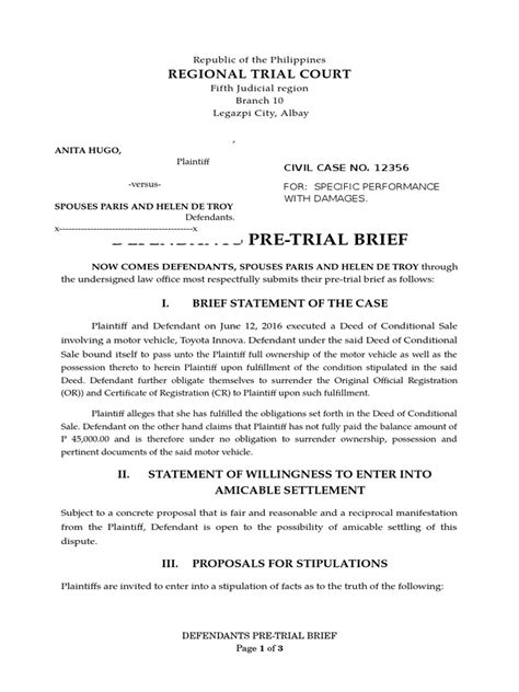 Pre Trial Defendant Draft Pdf Plaintiff Lawsuit