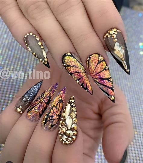 Luxury Long Rhinestone Acrylic Nails Butterfly Nail Art Butterfly