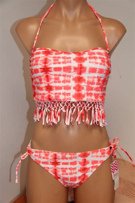 Nwt Raisins Swimsuit Bikini Pc Set L Fringe Bra Tie Side Coral Ebay