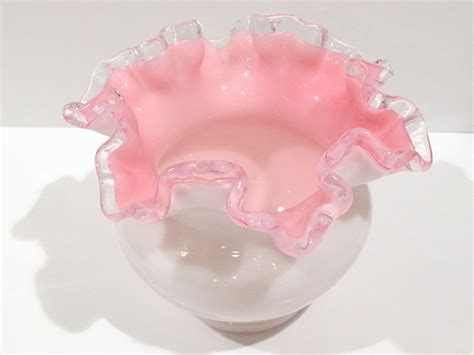 Vintage Fenton Pink And White Ruffled Edged Milk Glass Rose Bowl Mid