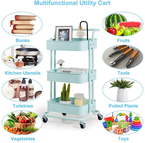 3 Tier Rolling Cart Metal Rolling Storage 3 Tiers Storage Rolling Cart