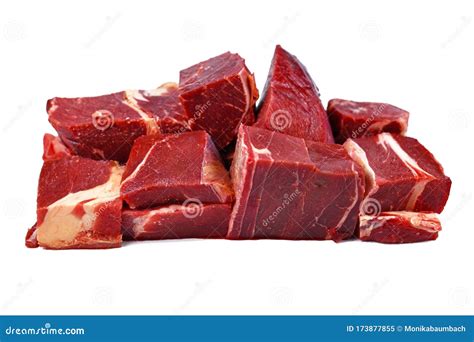 Big Chunks Of Streaked Red Raw Meat Isolated On White Background Stock Image Image Of Food