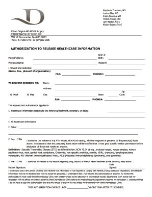 Fillable Online Medical Records Release Form Bend Dermatology Fax