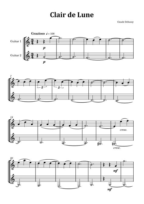 Clair De Lune By Debussy Guitar Duet Arr Glauco Fernandes Sheet Music Claude Debussy