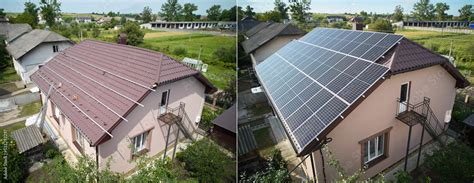 Collage of photos of installation and ready solar panels on the roof of ...