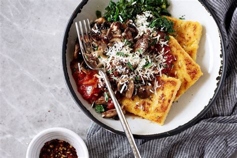 Crispy Polenta With Spicy Tomato Sauce Saut Ed Kale Mushrooms Recipe