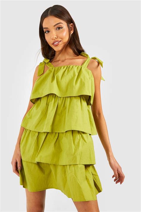 Cotton Poplin Tiered Smock Dress Boohoo Usa