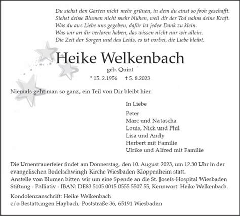 Traueranzeigen Von Heike Welkenbach Vrm Trauer De