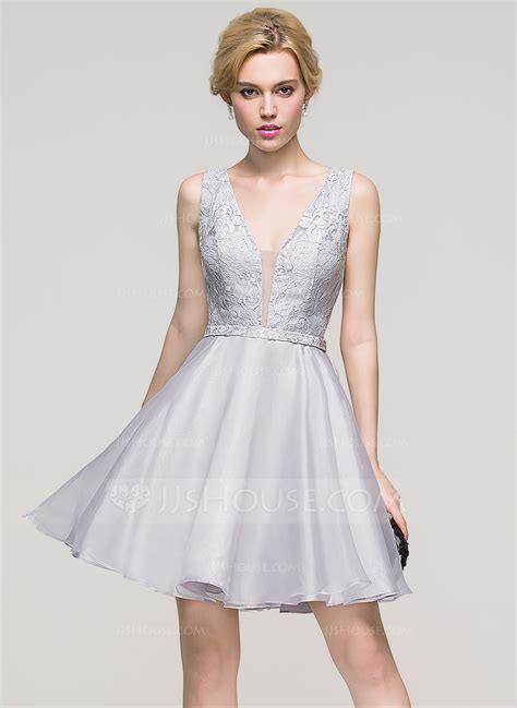 A Line Princess V Neck Short Mini Organza Homecoming Dress 022089913