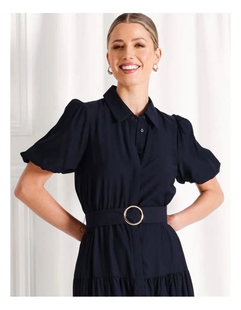 Tokito Puff Sleeve Belted Midi Shirt Dress In Navy Myer