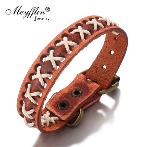 Meyfflin Punk Men S Bracelet Jewelry Fashion Orange Braided Leather