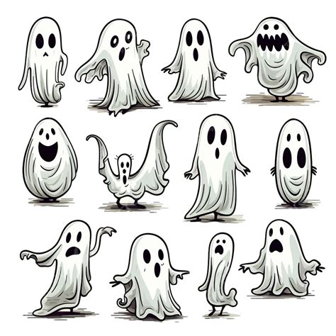 Set Of Cartoon Halloween Ghosts Halloween Doodle Monsters Vector