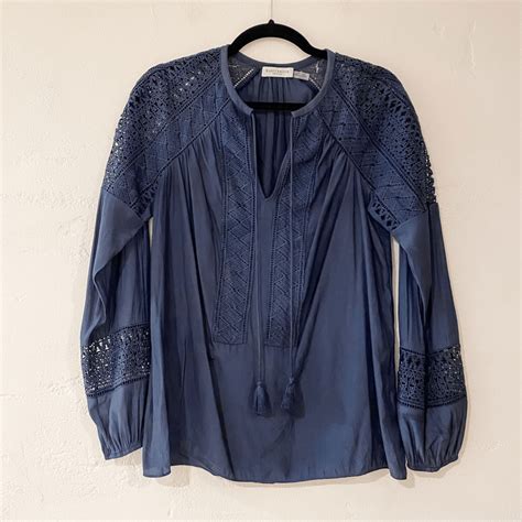 Ramy Brook Winnie Peasant Crochet Blouse In Navy Blue Gem