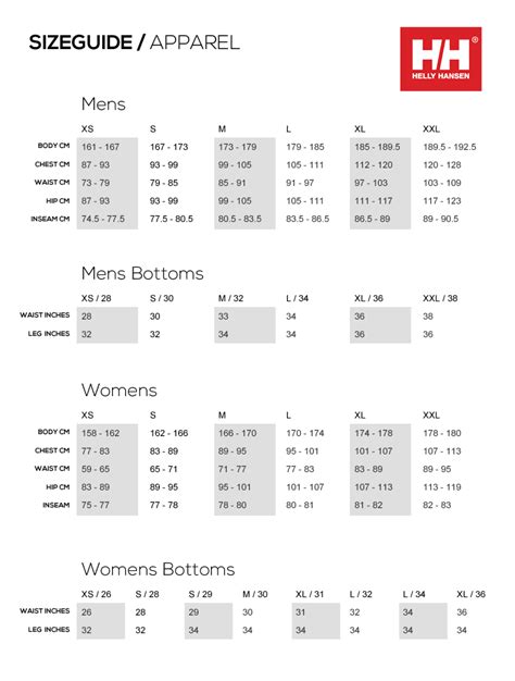 Helly Hansen Size Chart – Boater's Closet