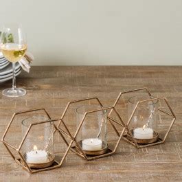 Hexagon Tealight Holder In Antique Gold Meadows Byrne